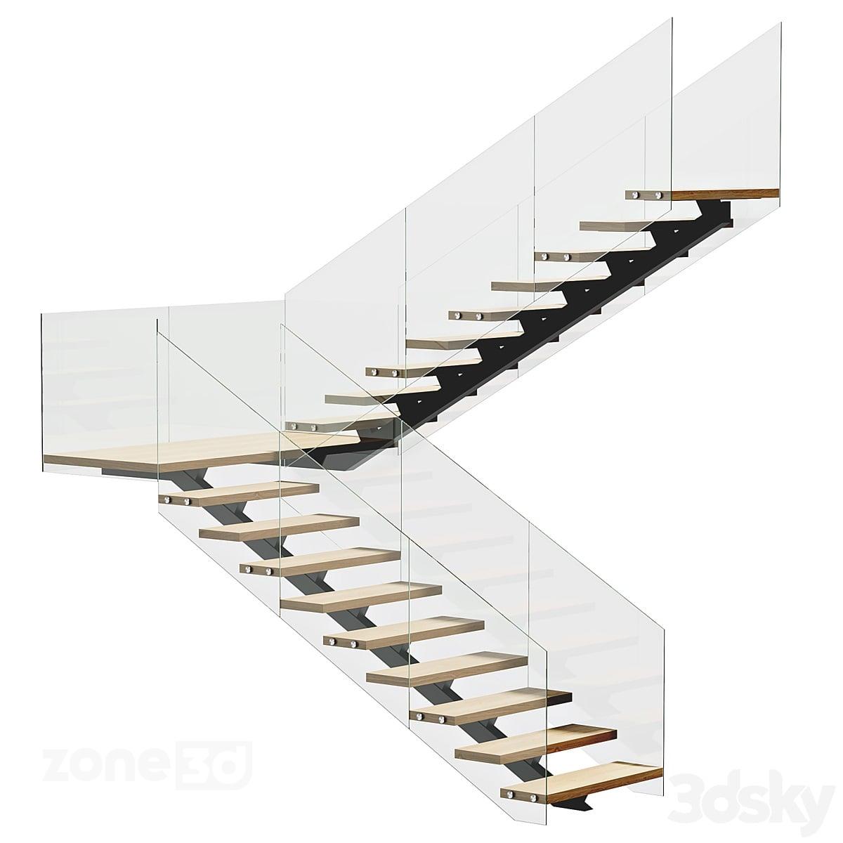 آبجکت راه پله دو رمپه مدرن چوبی و فلزی به همراه نرده شیشه ای