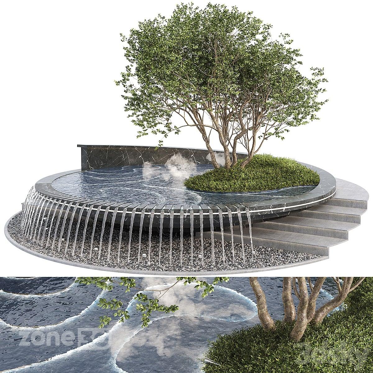 آبجکت آب نمای گرد سنگی مدرن محوطه به همراه باغچه با درخت و بوته