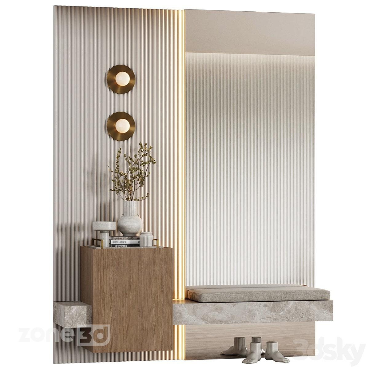 آبجکت آیینه دیواری به همراه مبلمان چوبی و سنگی مدرن راهرو با لوازم دکوری و چراغ دیواری