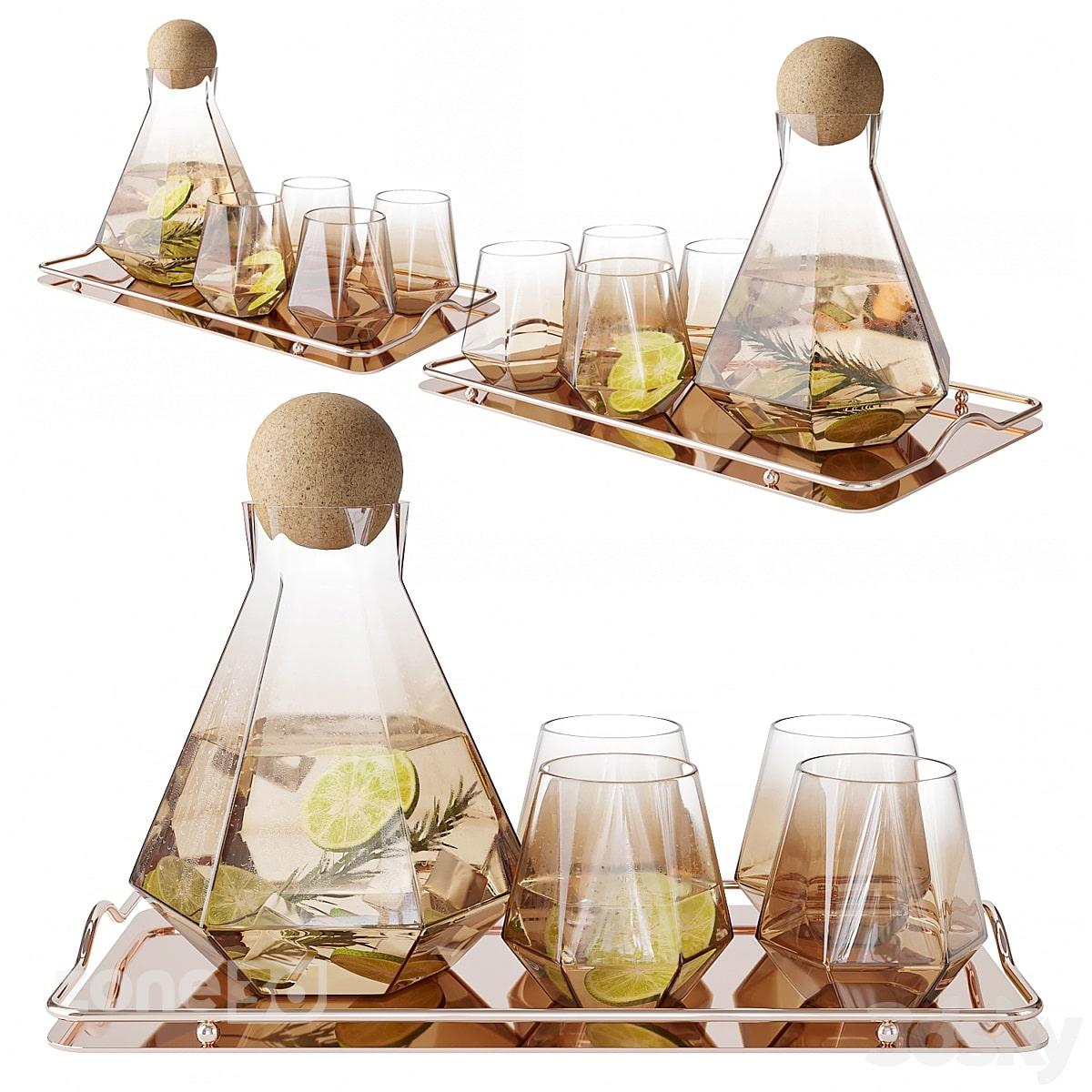 آبجکت ست بطری و لیوان گرد شیشه ای مدرن با سینی به همراه نوشیدنی