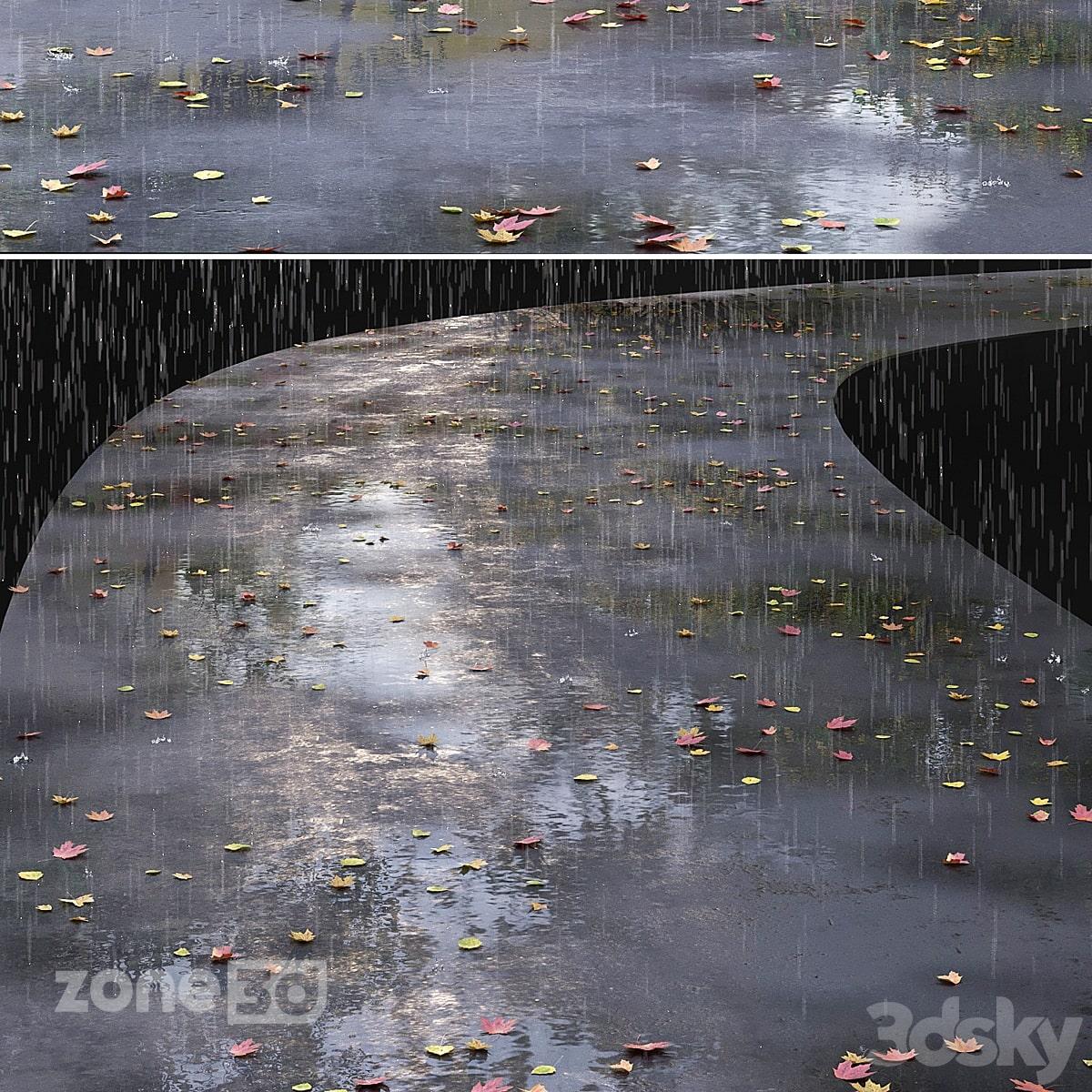 آبجکت خیابان آسفالت دو بانده با سطح خیس به همراه برگهای پاییزی