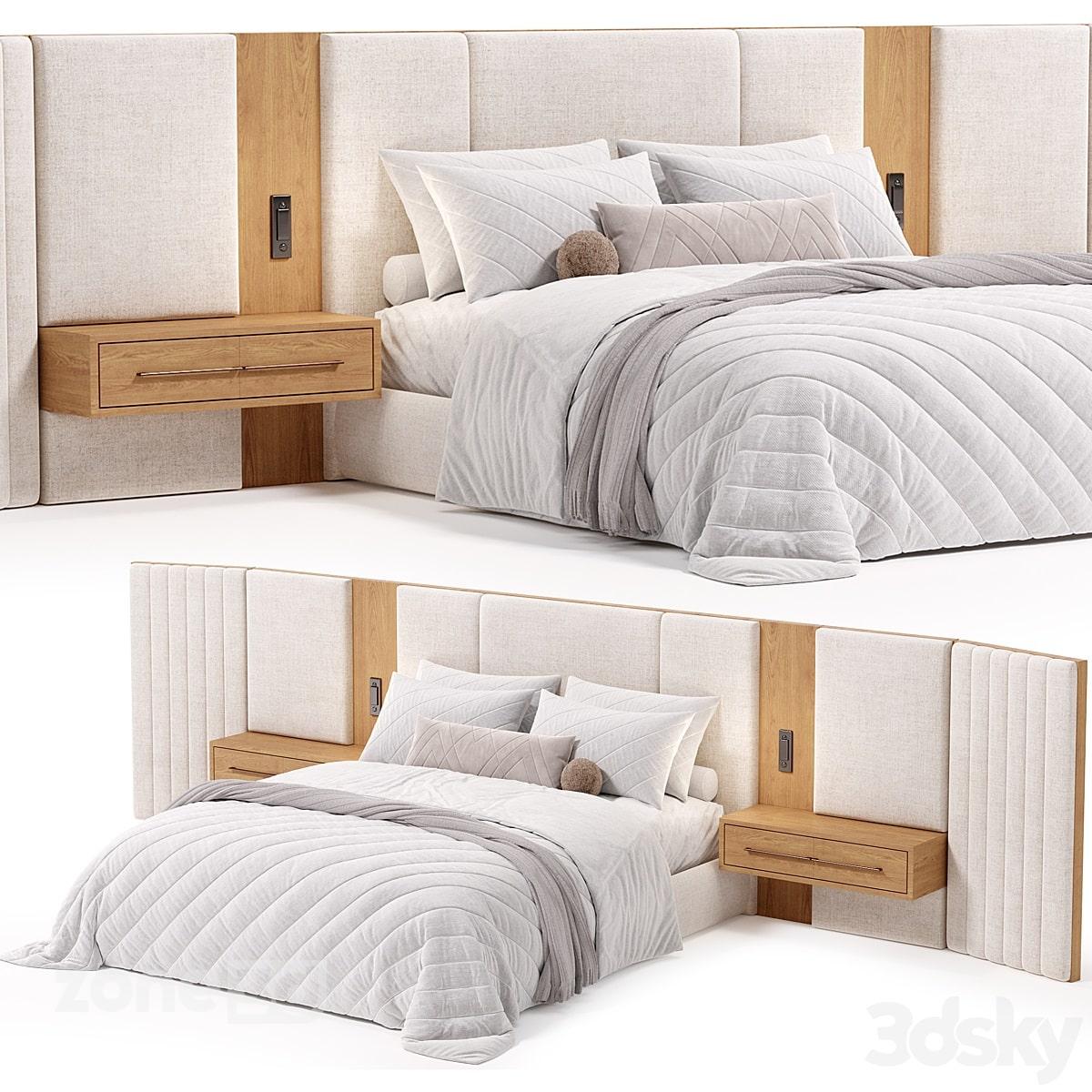 آبجکت تخت خواب دو نفره راحتی با تاج تخت پارچه ای و چوبی به همراه میز پاتختی BEACON