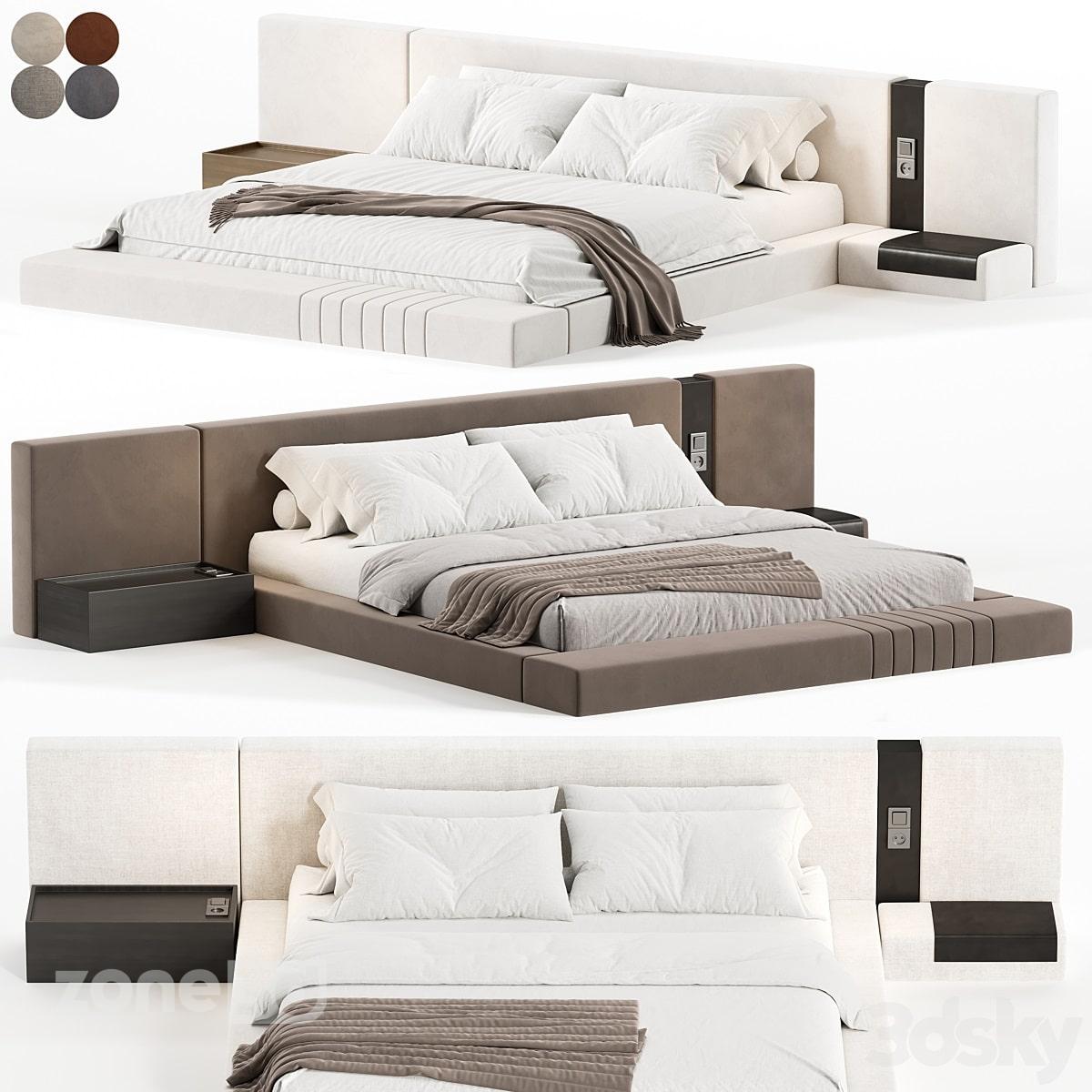 آبجکت ست تخت خواب دو نفره راحتی مدرن با تاج تخت پارچه ای و میز چوبی neapol