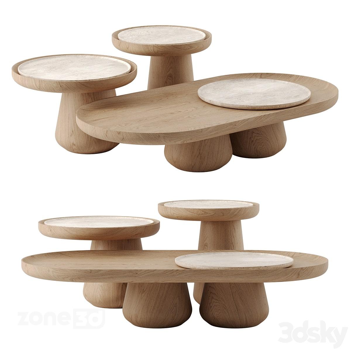 آبجکت ست میز جلو مبلی گرد سنگی و چوبی مدرن سه عددی Bold