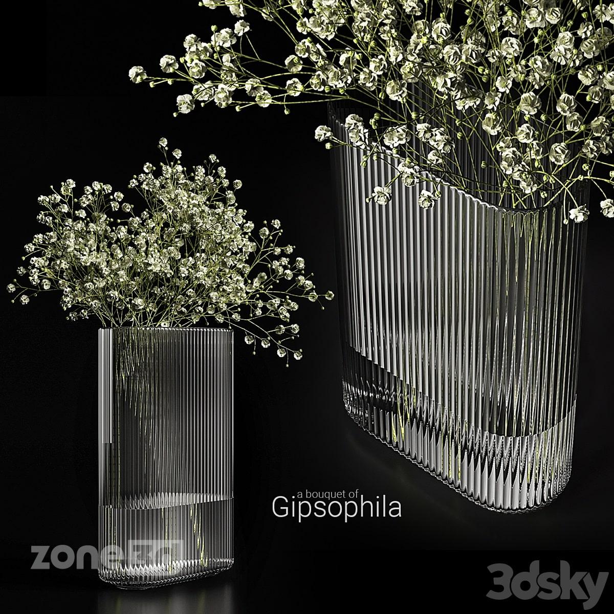 آبجکت شاخه گل ژیپسوفیلا سفید به همراه گلدان بیضی شیشه ای مدرن