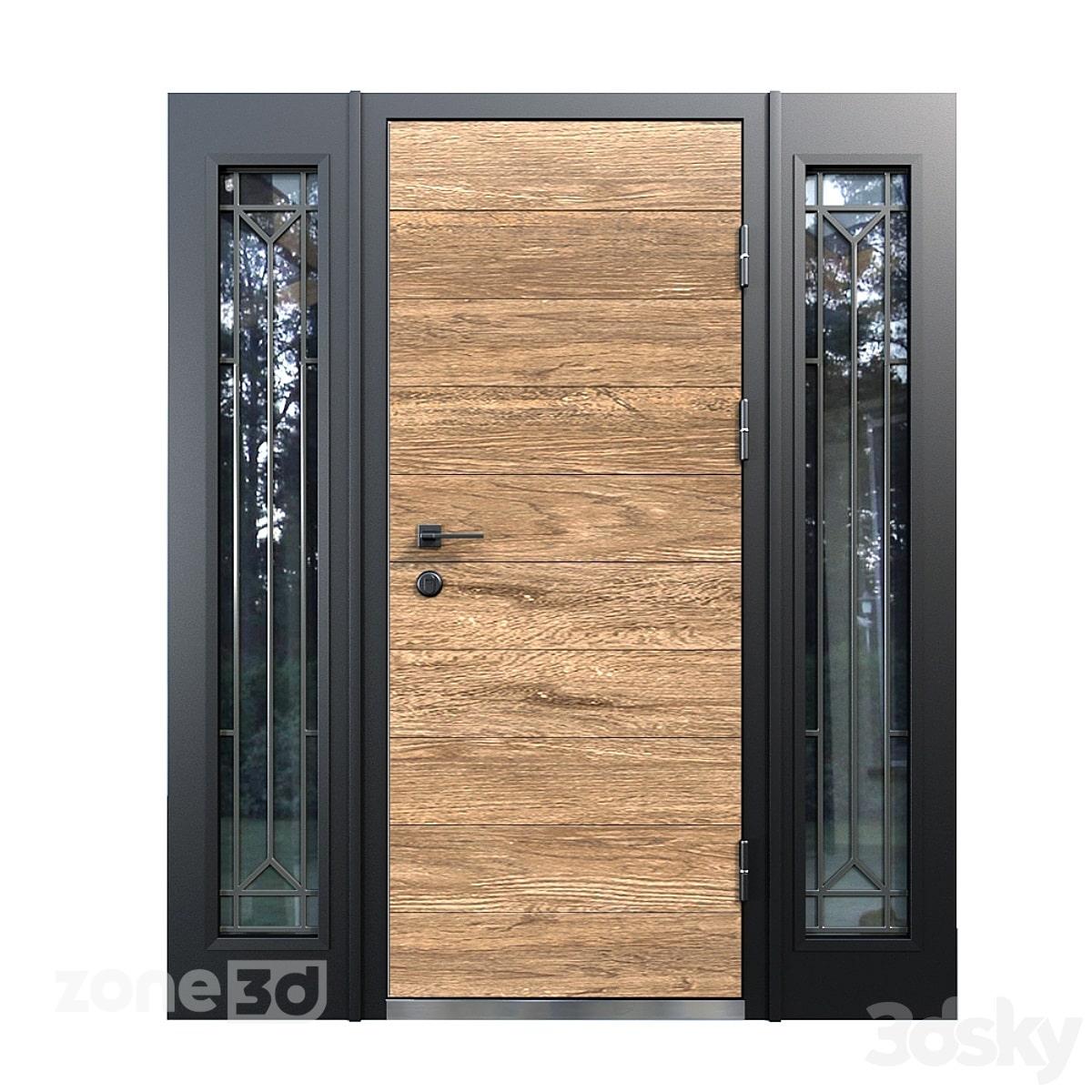 آبجکت درب ورودی تک لنگه مدرن چوبی با فریم فلزی و پانل شیشه ای