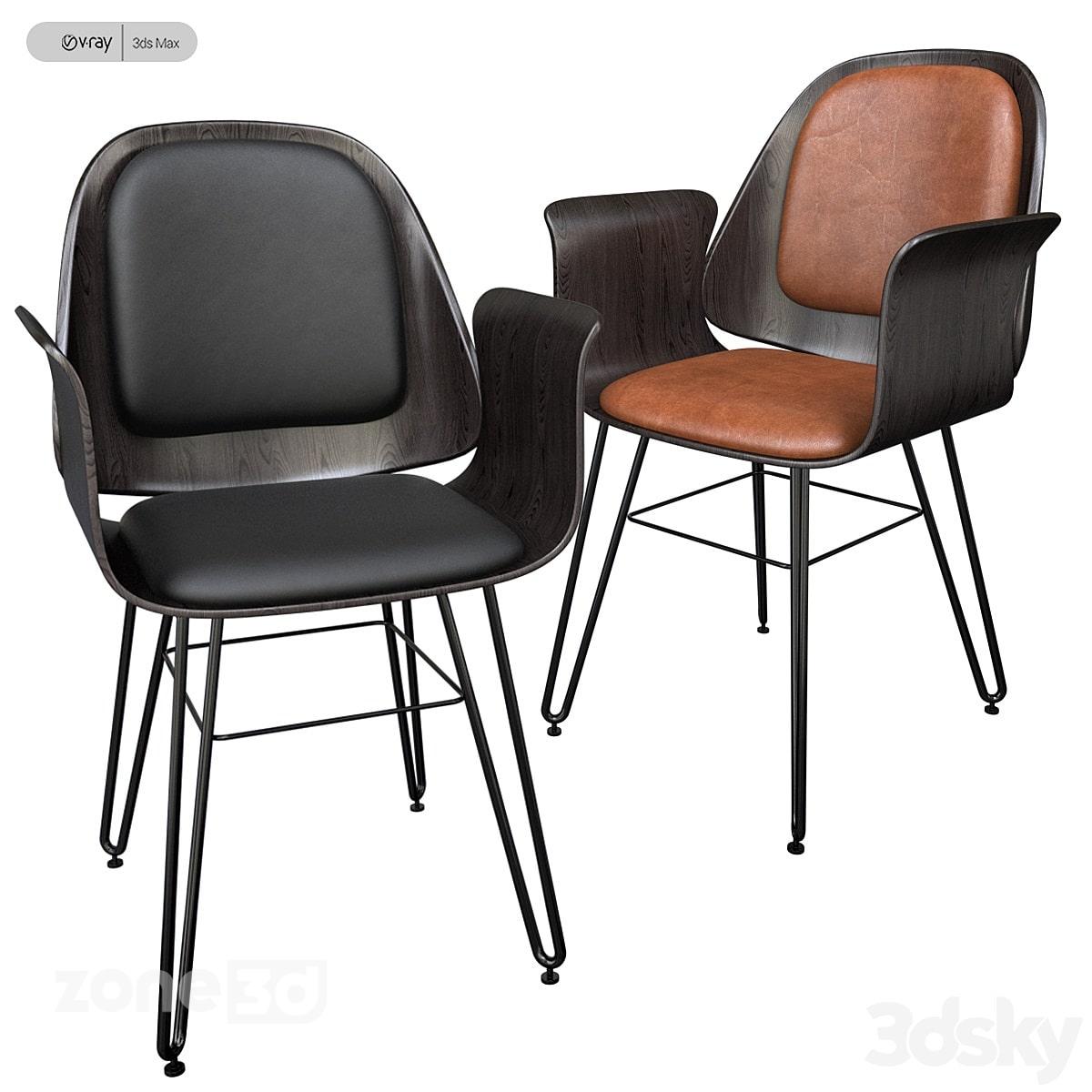آبجکت ست صندلی تک نفره راحتی مدرن چرمی و چوبی دو عددی با پایه فلزی Corvus