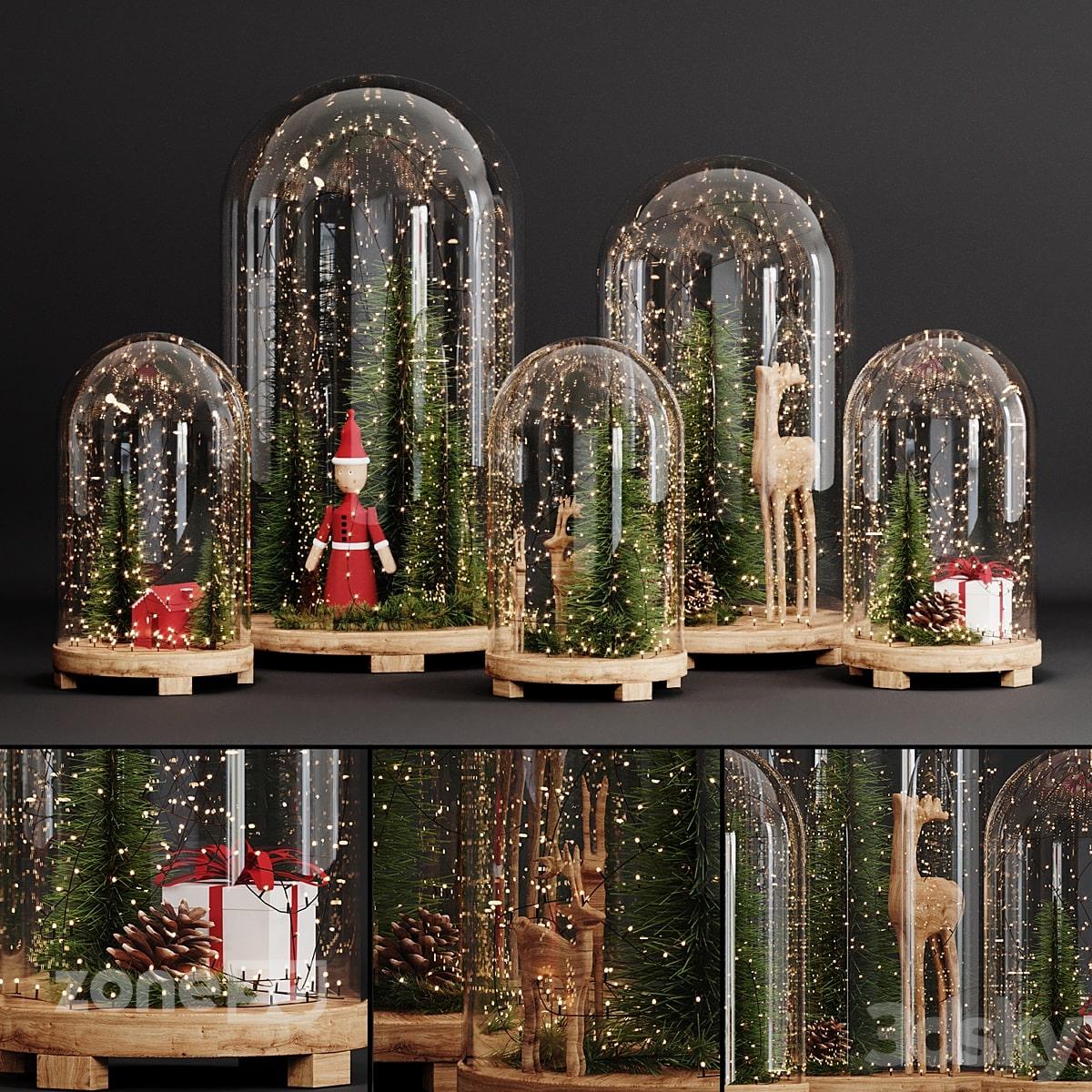 آبجکت ست دکوری گرد مدرن شیشه ای و چوبی کریسمس با گیاه