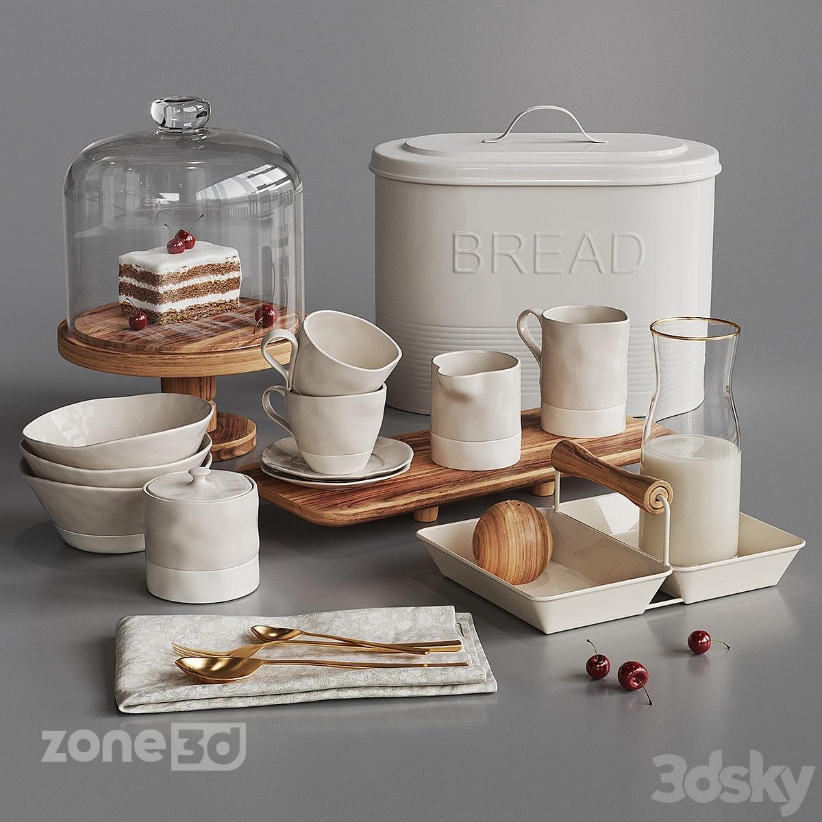 آبجکت ست ظروف سنگی و چوبی مدرن آشپزخانه به همراه مواد خوراکی Zara