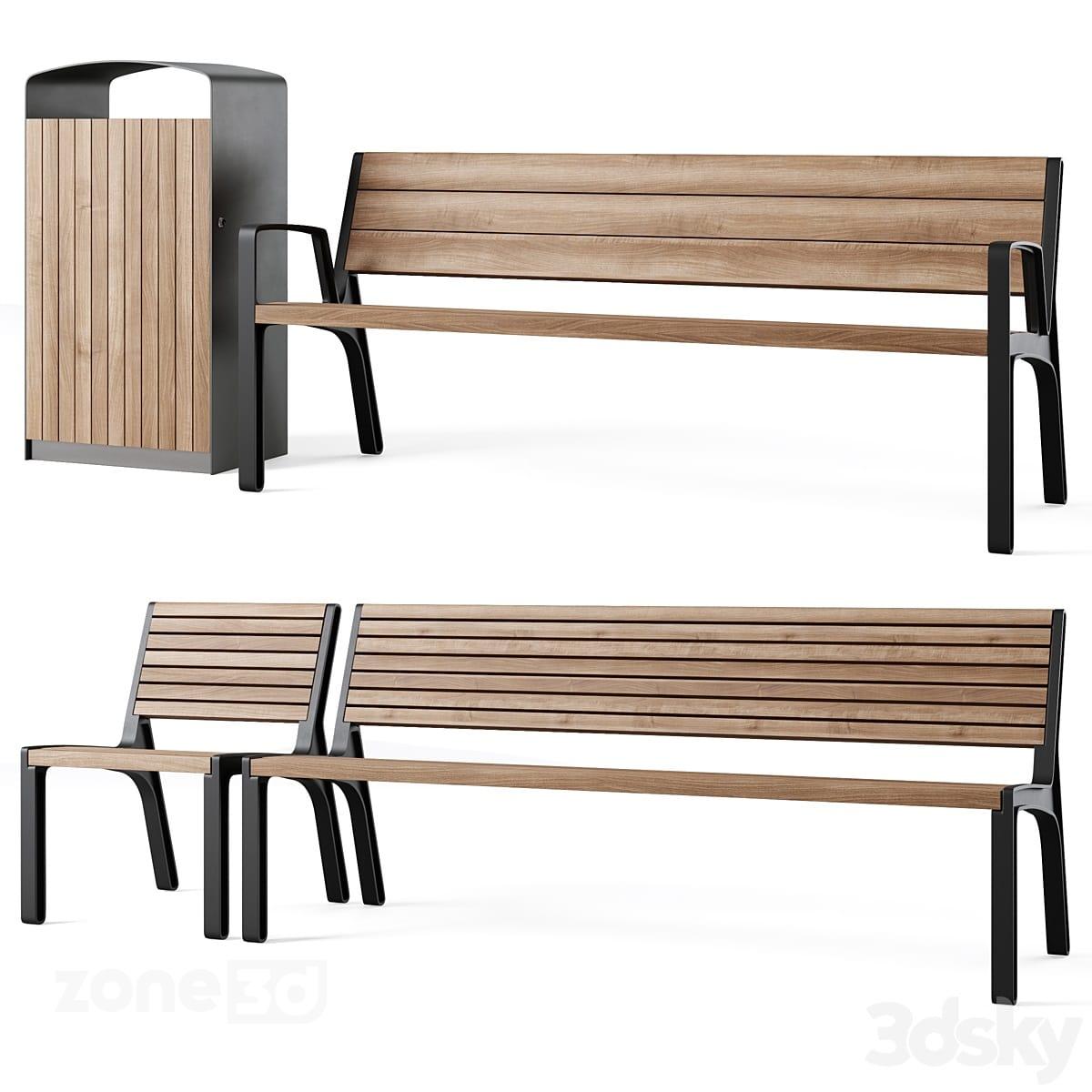 آبجکت ست صندلی و نیمکت مدرن چوبی و فلزی به همراه سطل زباله برای محیط شهری Miela