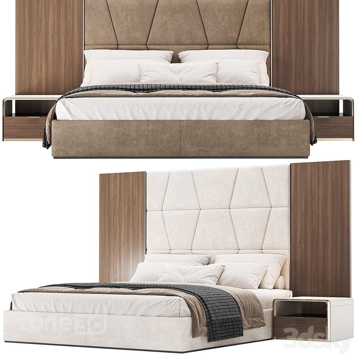 آبجکت ست تخت خواب دو نفره راحتی مدرن پارچه ای با تاج تخت چوبی و پارچه ای با میز پاتختی BALI
