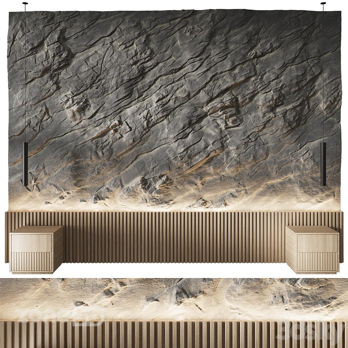 آبجکت دیوار پشت تخت مدرن سنگی و چوبی شیاردار به همراه میز پاتختی و چراغ آویز