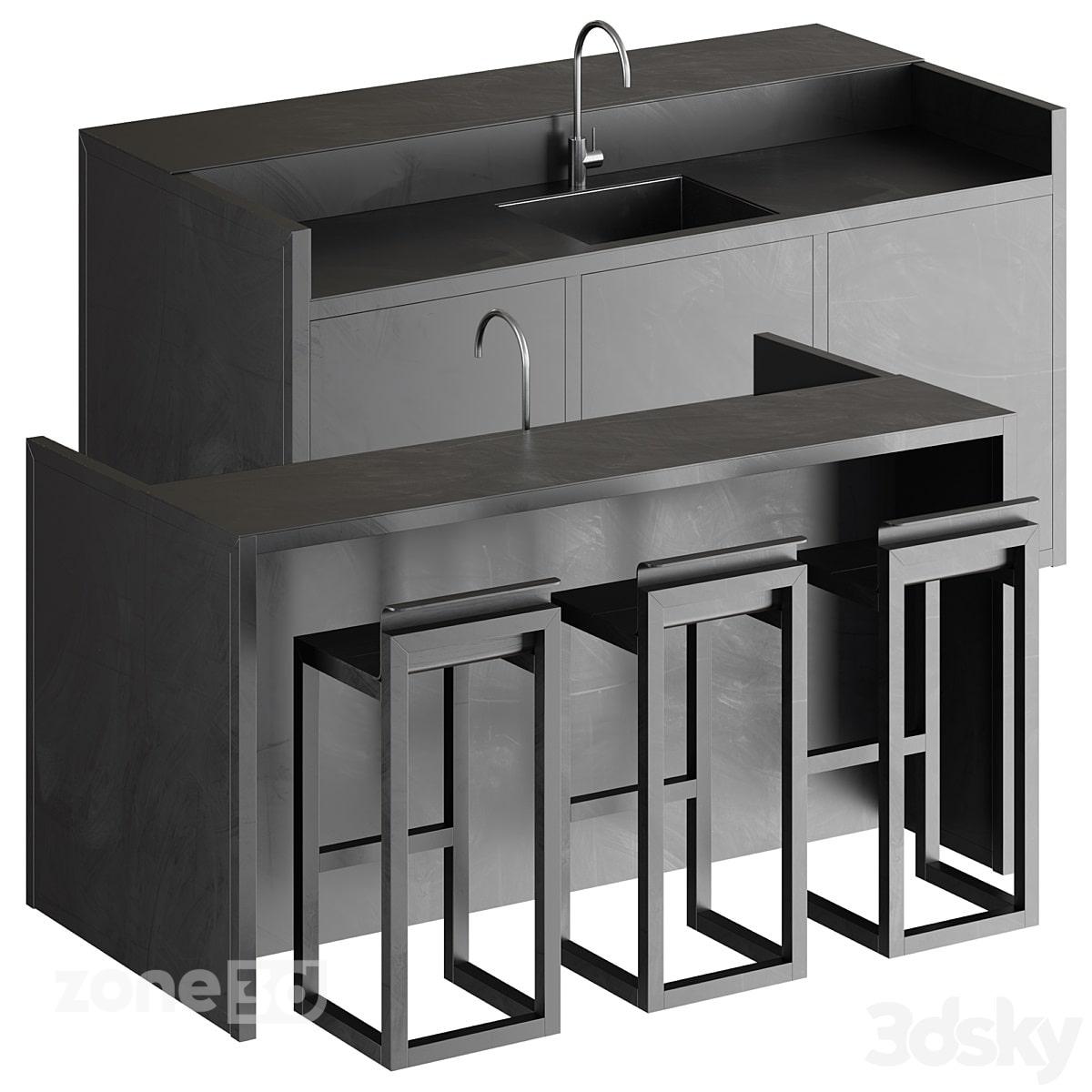 آبجکت کانتر مدرن چوبی و فلزی آشپزخانه به همراه سینک و شیرآلات با صندلی بار Sachi M2