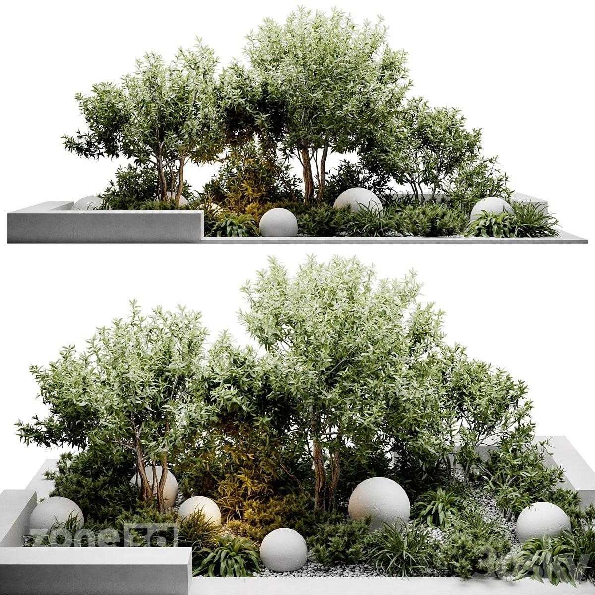 آبجکت باغچه بتنی مدرن محوطه به همراه درختچه و بوته گیاهان