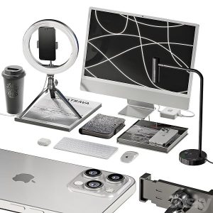 آبجکت معماری ست دکوراتیو میز کاربه همراه رینگ لایت و مانیتور