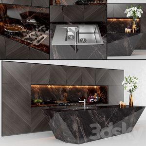 آبجکت معماری کابینت آشپزخانه مدرن به همراه جزیره و سینک ظرفشویی و گاز رومیزی