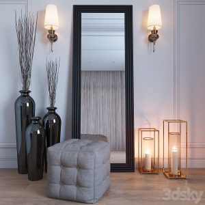 آبجکت معماری ست دکوراتیو مدرن از جنس چوب و پارچه به همراه چراغ دیواری و آینه ایستاده